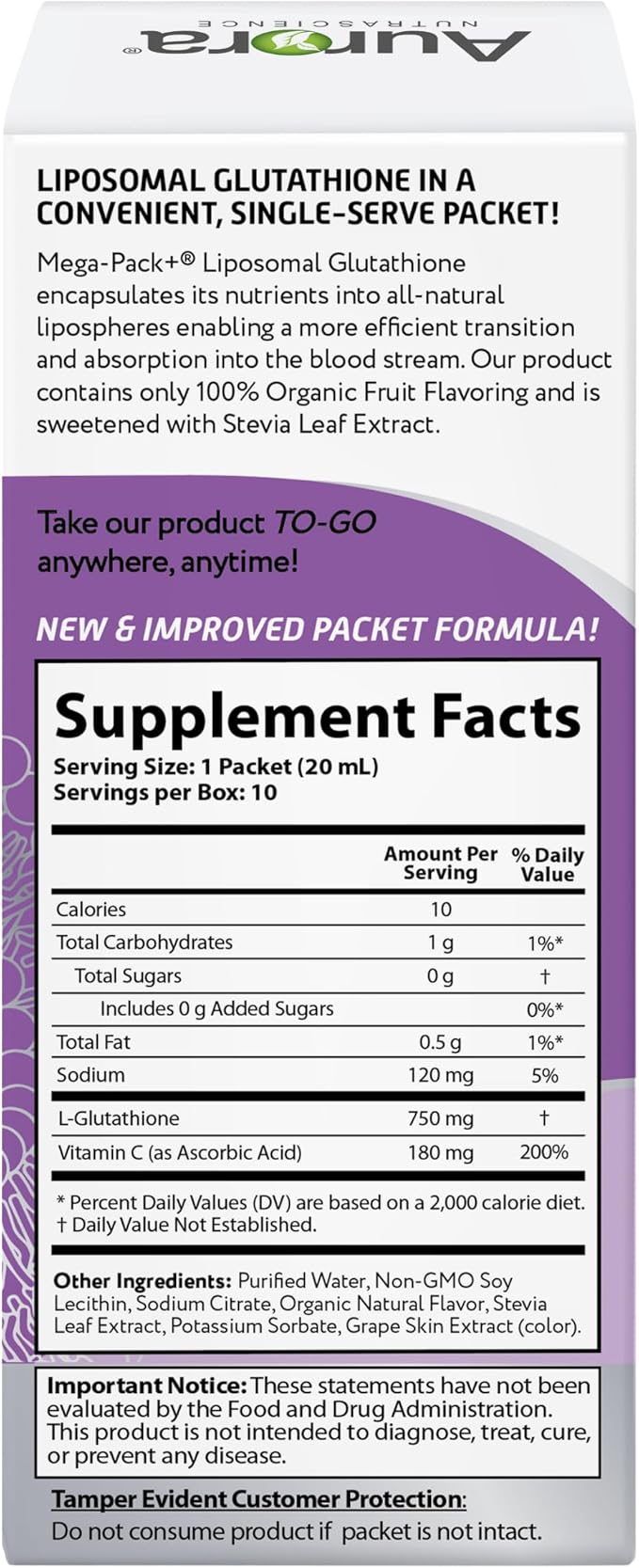 Aurora Nutrascience Mega-Liposomal Liquid Glutathione, Immune System Support, Antioxidant, 750 mg per Serving, 10 Single-Serve Packets, Gluten Free, Non-GMO, Sugar-Free, 6.8 fl oz