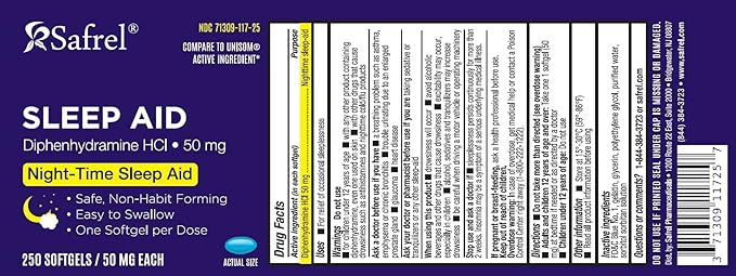Safrel Nighttime Sleep Aid, Diphenhydramine HCl 50mg, 250 250 Softgels