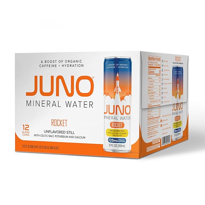 JUNO Rocket Unflavored Still Mineral Water, Hydration Energy Drink with 125mg Organic Caffeine from Green Coffee Beans, Celtic Salt, Potassium, and Calcium, 12 Pack
