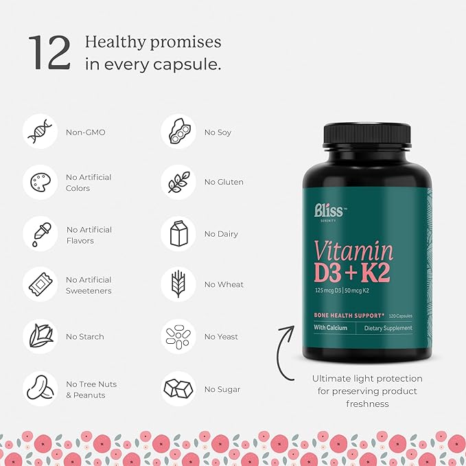Vitamin D3 K2 D3 5000 5000 IU K2 as MK-7, Calcium, 120 Vegcaps, 120 Day