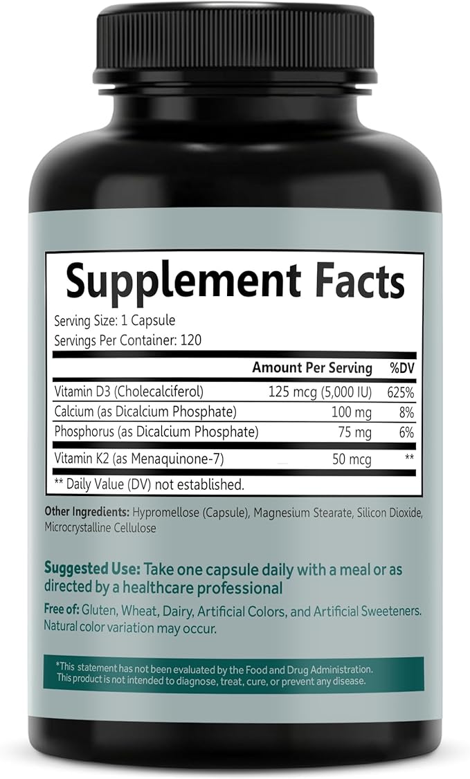 Vitamin D3 K2 D3 5000 5000 IU K2 as MK-7, Calcium, 120 Vegcaps, 120 Day
