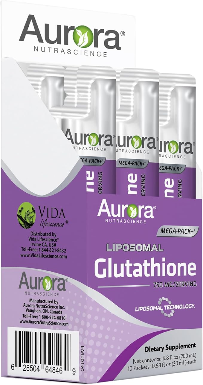 Aurora Nutrascience Mega-Liposomal Liquid Glutathione, Immune System Support, Antioxidant, 750 mg per Serving, 10 Single-Serve Packets, Gluten Free, Non-GMO, Sugar-Free, 6.8 fl oz