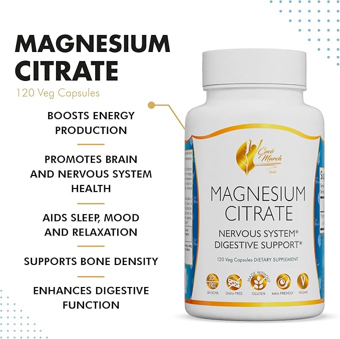 Coco March Magnesium Citrate - Relaxation- Sleep - Nervous & Digestive System Support, Gluten Free, Soy Free, Dairy Free, Keto Friendly, Vegan, 800 mg per Serving, 120 Capsules