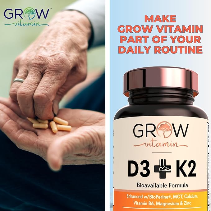grow vitamin D3 K2 w/MCT Oil - 10,000 IU D3, 100 mcg K2 MK7, Calcium, Zinc, BioPerine, Magnesium for Superior Absorption - 60 Capsules