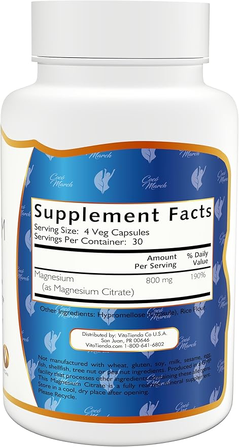 Coco March Magnesium Citrate - Relaxation- Sleep - Nervous & Digestive System Support, Gluten Free, Soy Free, Dairy Free, Keto Friendly, Vegan, 800 mg per Serving, 120 Capsules