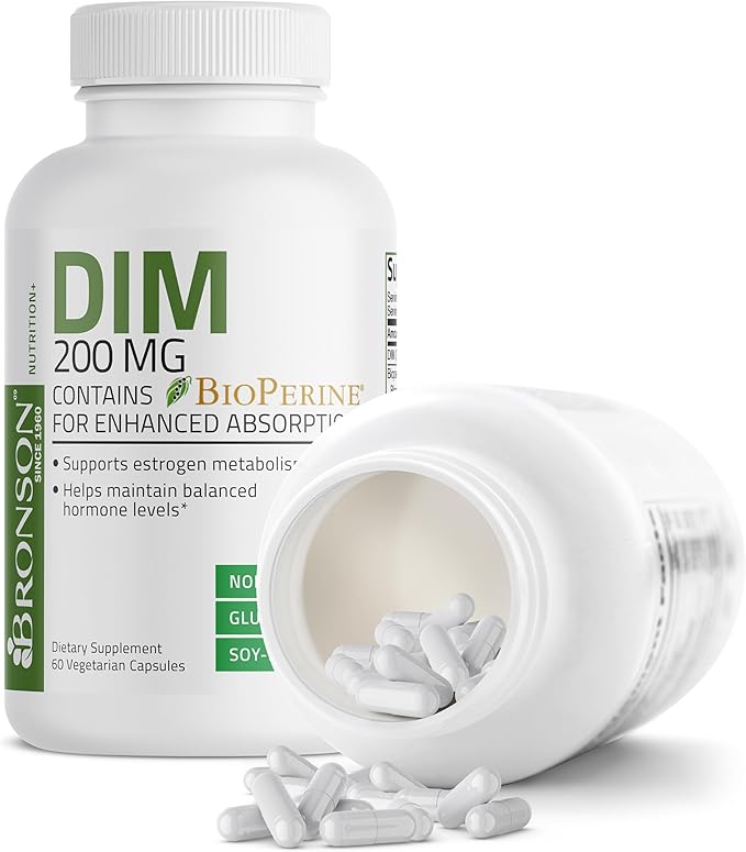 Bronson DIM 200 MG Supplement Diindolymethane with BioPerine for Enhanced Absorption, Estrogen Metabolism & Maintains Balanced Hormone Levels, 60 Vegetarian Capsules