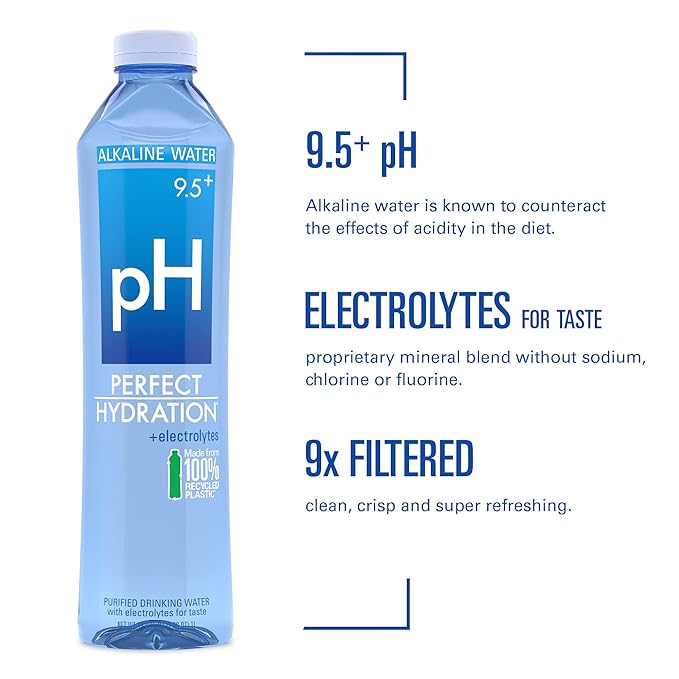 Perfect Hydration 9.5+ pH Alkaline Drinking Water | 100% Recycled Bottles | Electrolyte Minerals for Taste | 12 pack - 1 Liter (33.8 oz)