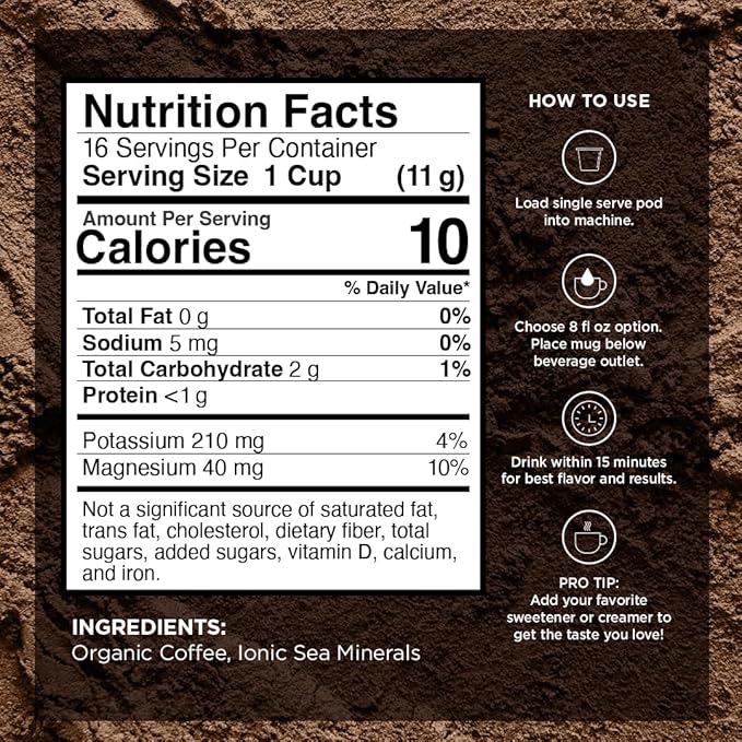 VitaCup Mineral Coffee Pods with Trace Minerals, Hydrate, Replenish & Restore, w/Sea Minerals, Electrolytes, Organic Coffee, Medium Dark Roast, Single Serve Pod Compatible w/Keurig K-Cup Brewers,16 Ct