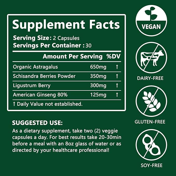 Astragalus Root Organic Extract 650mg, Schisandra 80% American