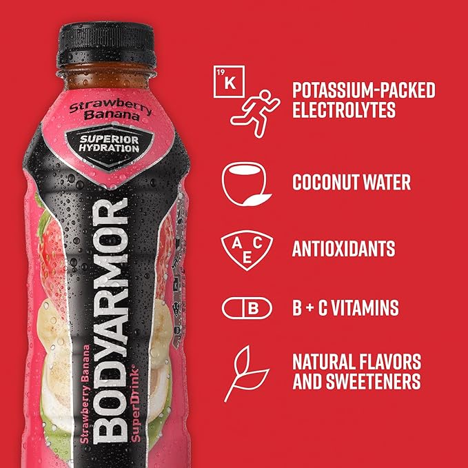BODYARMOR Sports Drink Sports Beverage, Strawberry Banana, Coconut Water Hydration, Natural Flavors With Vitamins, Potassium-Packed Electrolytes, Perfect For Athletes, 16 Fl Oz (Pack of 12)