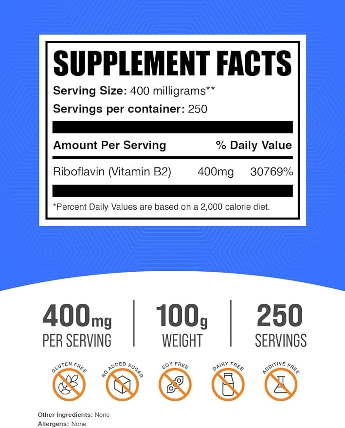 BulkSupplements.com Riboflavin Powder - as Vitamin B2, Vitamin B2 Supplement - Riboflavin 400mg, B Vitamins for Wellness, Gluten Free, 400mg per Serving, 100g (3.5 oz) (Pack of 1)