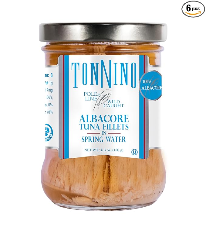 Tonnino Albacore Tuna in Water 6.3 oz - Premium 6-Pack Omega-3 Rich, High Protein, Gluten-Free, Ready-to-Eat Tuna Packets for Tuna Salad, Tuna Fish Alternative to Salmon, Kosher, Pole & Line Caught