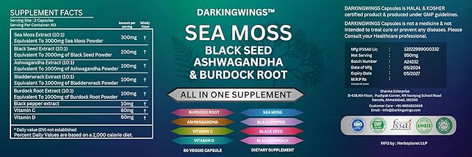 Sea Moss Advanced - Irish Sea Moss 3000mg Black Seed Oil 2000mg Ashwagandha 1000mg Bladderwrack 1000mg Burdock 1000mg Vitamins C&D - Sea Moss Overall Health, Immunity Support, 60 Sea Moss Capsules
