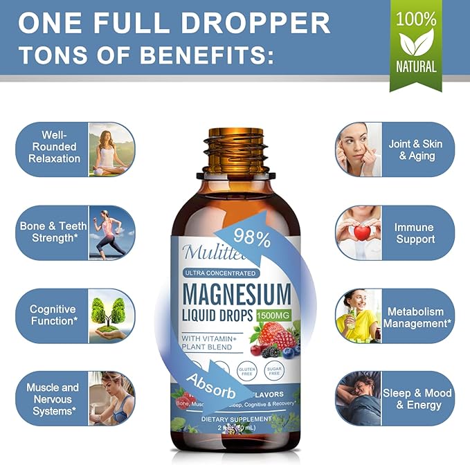 Magnesium Glycinate Liquid Drop - Triple Absorption Supplement to Support Nerves, Night, Heart, Muscles Metabolism* -Sugar-Free with Potassium, L-Theanine, Sea Moss Vitamin B,C,D3, K2-2