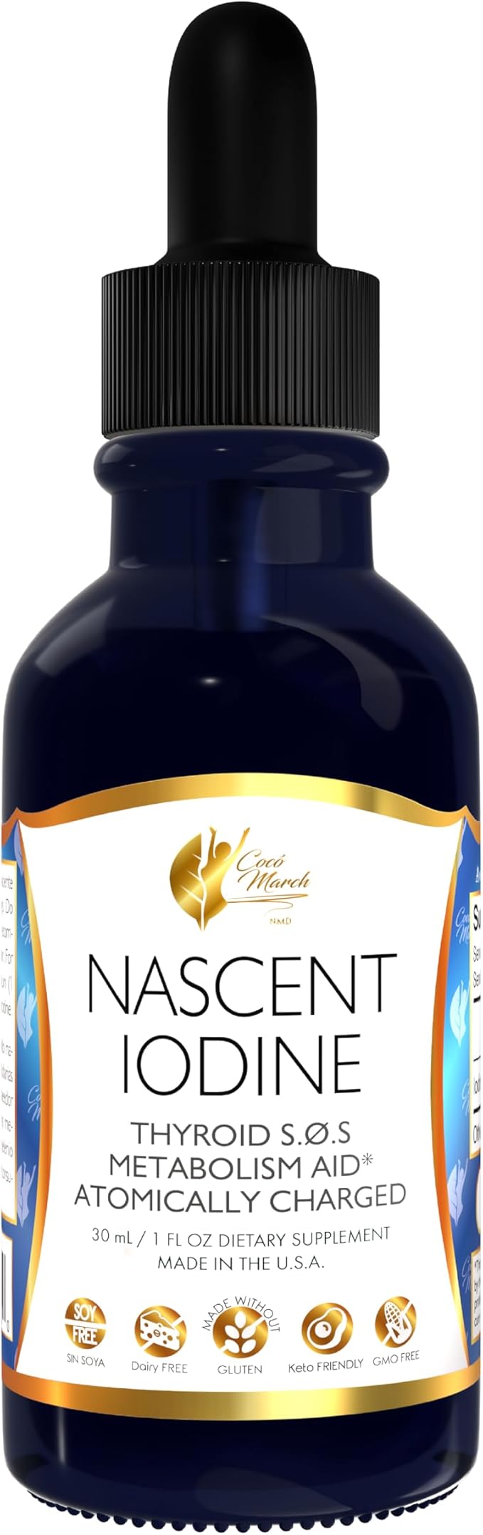 Coco March Nascent Iodine-Magnetized Iodine High Concentration, Thyroid & Metabolism Support, Gluten Free, Keto Friendly, Dairy Free, Soy Free, GMO Free, 1050 mcg Per Serving, 1 fl oz -500 Servings