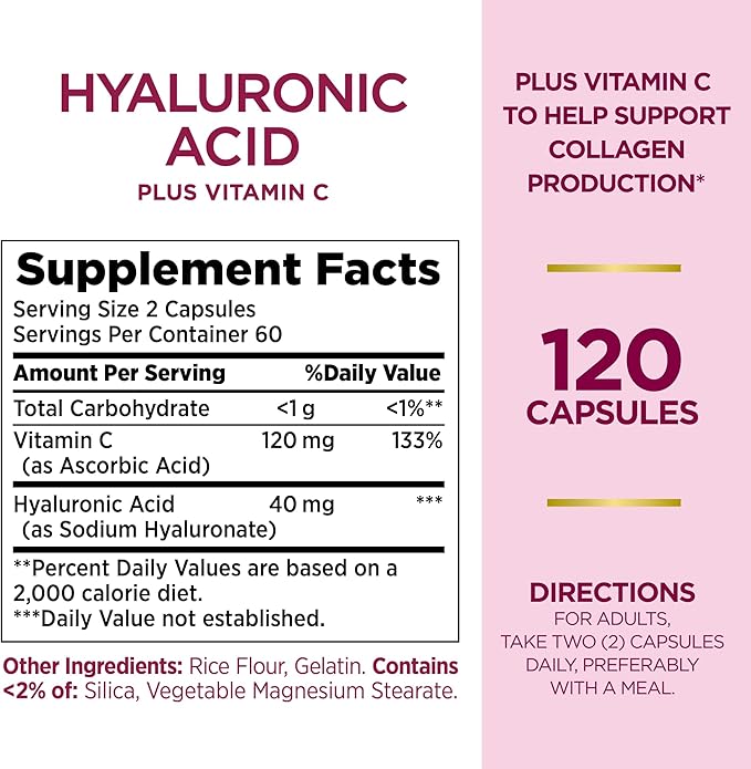 Nature's Bounty Vitamin C and Hyaluronic Acid Supplement, Supports Glowing Skin, Immune Function & Collagen Production, 120 Capsules - 60 Day Supply, Optimal Solutions Supplements for Skin Health