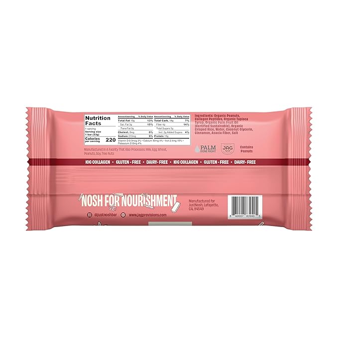 JustNosh Collagen Protein Bars, 10g Collagen, 15g Protein, Gluten Free, Dairy Free, FODMAP Friendly, Seed Oil Free Certified, Clean Ingredients | Snickerdoodle (12 Pack)