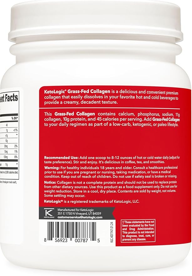 Ketologic Grass Fed Collagen Hydrolysate Powder (1 LB) 37 Servings, 11 G 10 G