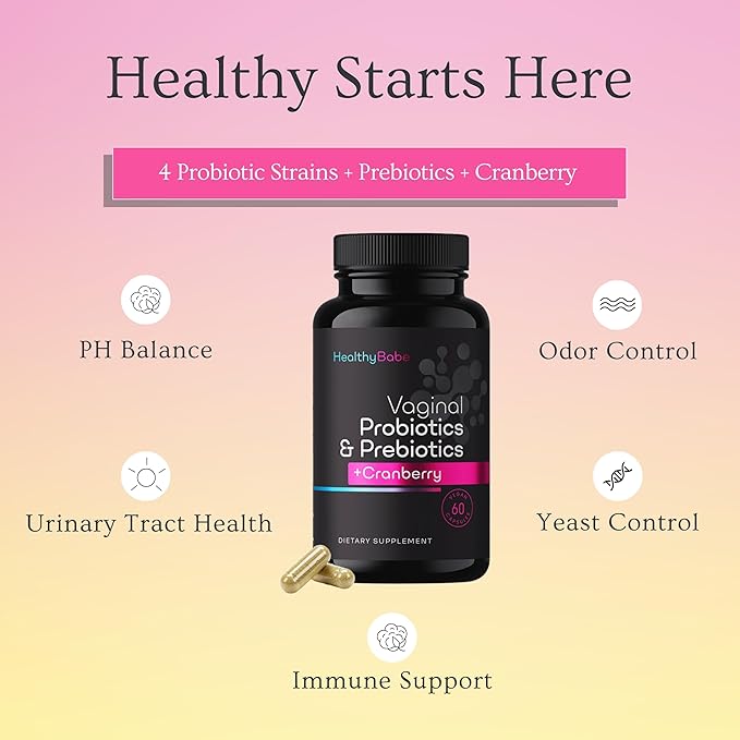 Vaginal Probiotics for Women + Prebiotics & Cranberry Pills, pH Balance, Healthy Odor, Yeast, Immune Support, Positive Microbiome Health, Women’s Acidophilus Probiotic, 60 Vegan Capsules