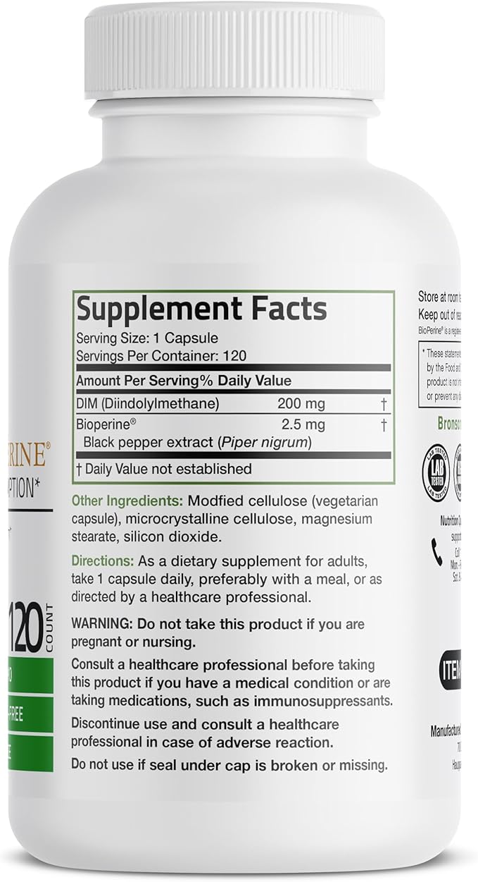 Bronson DIM Supplement 200 MG Diindolymethane with BioPerine for Enhanced Absorption, Estrogen Metabolism & Maintains Balanced Hormone Levels, 120 Vegetarian Capsules