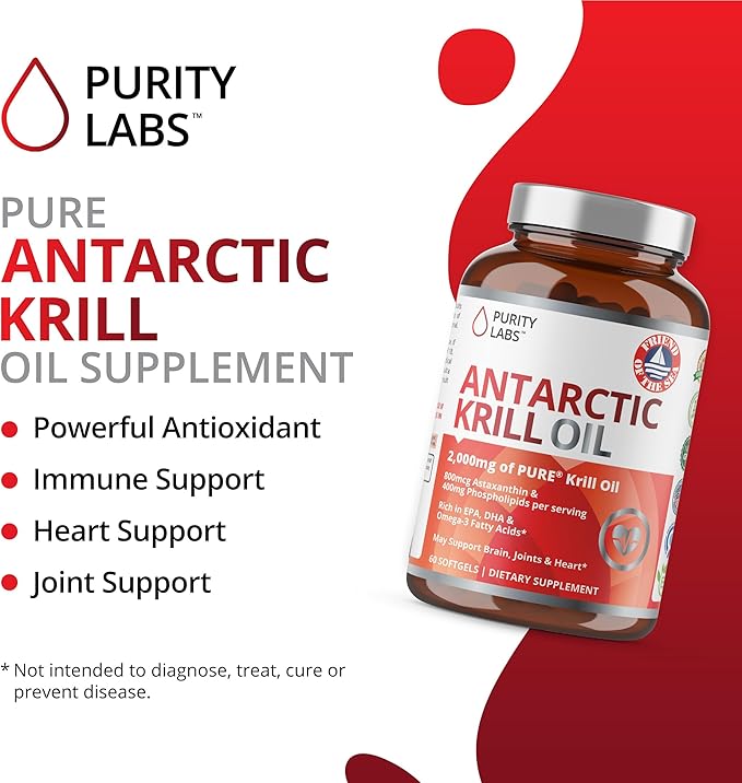 Purity Labs Antarctic Krill Oil 2000mg Omega-3 with 800mcg Supplements 3, Fatty 60 Softgels