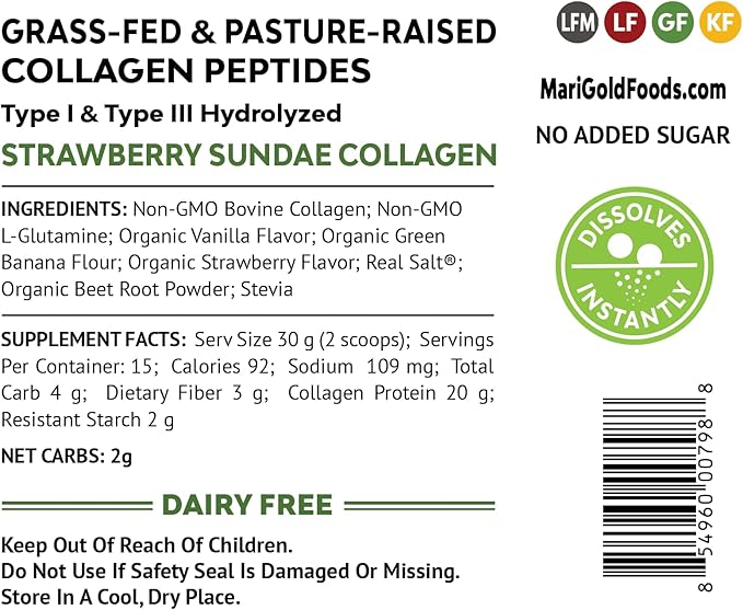 MariGold Grass-fed Collagen Peptides Powder Strawberry 1LB - 100% Pure,