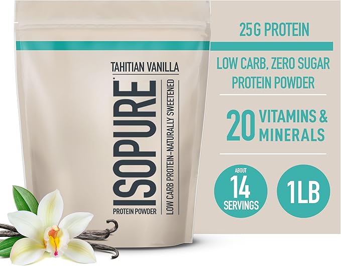 Isopure Low Carb 100% Pure Whey Isolate Protein Powder, Lactose Free, Gluten Free, With Vitamins, Tahitian Vanilla, 25g Protein Per Serving, 1 Lb, 14 Servings