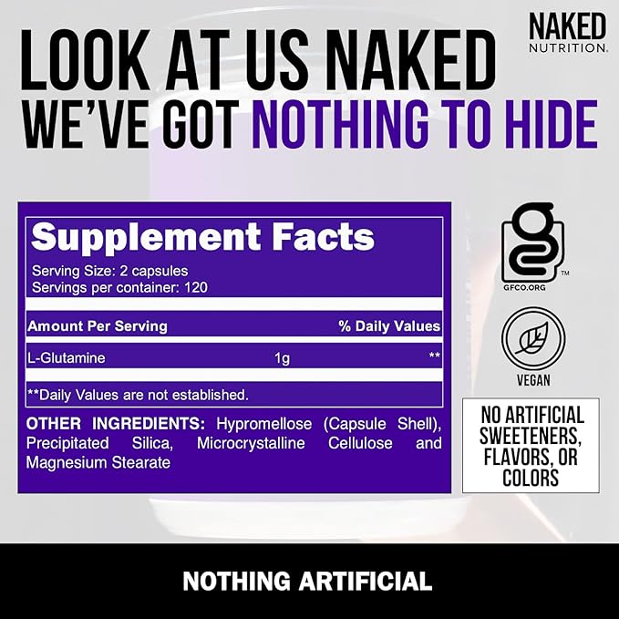 NAKED L-Glutamine Muscle Recovery Capsules, 1000mg, 240 Count,