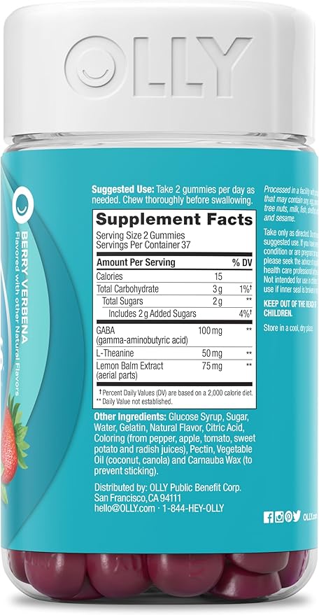 OLLY Goodbye Stress Gummy, GABA, L-Theanine, Lemon Balm, Stress Relief Supplement, Berry - 74 Count