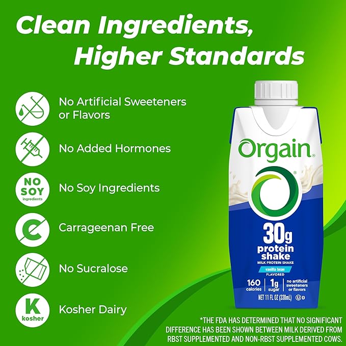 Orgain 30g High Protein Shake, Dairy Isolate Milk Protein, Vanilla Bean, 6g BCAAs, 1g Sugar Per Serving, Meal Replacement, Ready to Drink, Keto Friendly, Gluten-Free 11 Fl Oz (Pack of 12)