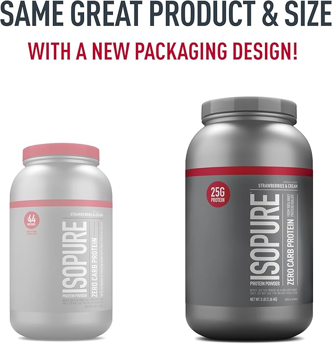 Isopure Zero Carb 100% Pure Whey Isolate Protein Powder, Lactose Free, Gluten Free, With Vitamins, Strawberries & Cream, 25g Protein Per Serving, 3 Lbs, 44 Servings