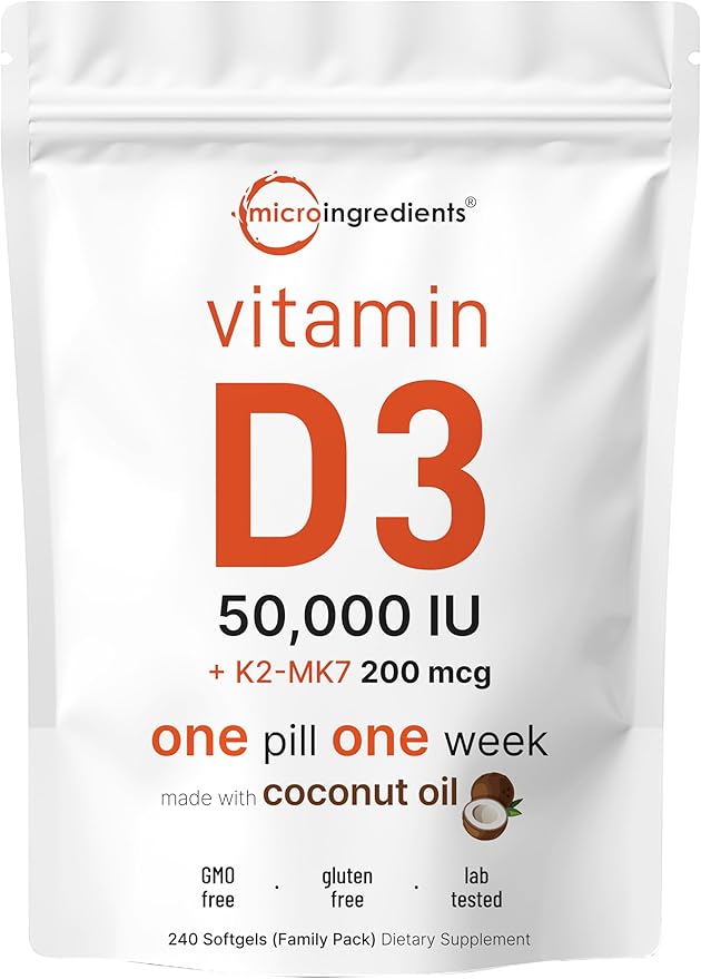 Micro Ingredients Vitamin D3 50,000 IU K2 (MK-7) (MK-7) 200 200 mcg, 240 Virgin 2 in 1 Vitamins