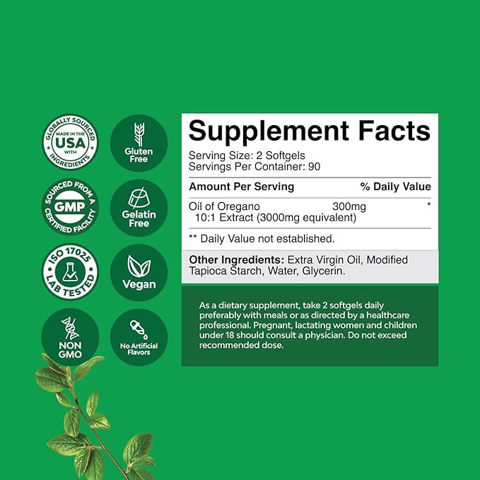 Vegan Wild Oregano Oil Softgels 3000mg Herbal 70% Carvacrol (180CT)