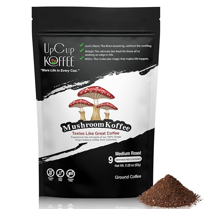 UpCup Koffee Functional Ground Mushroom Coffee - Includes Lions Mane, NAD+, & Himalayan Shilajit for Immune Support & Cognitive Boost - Made with Colombian Beans - 2.2 oz. Sample Bag
