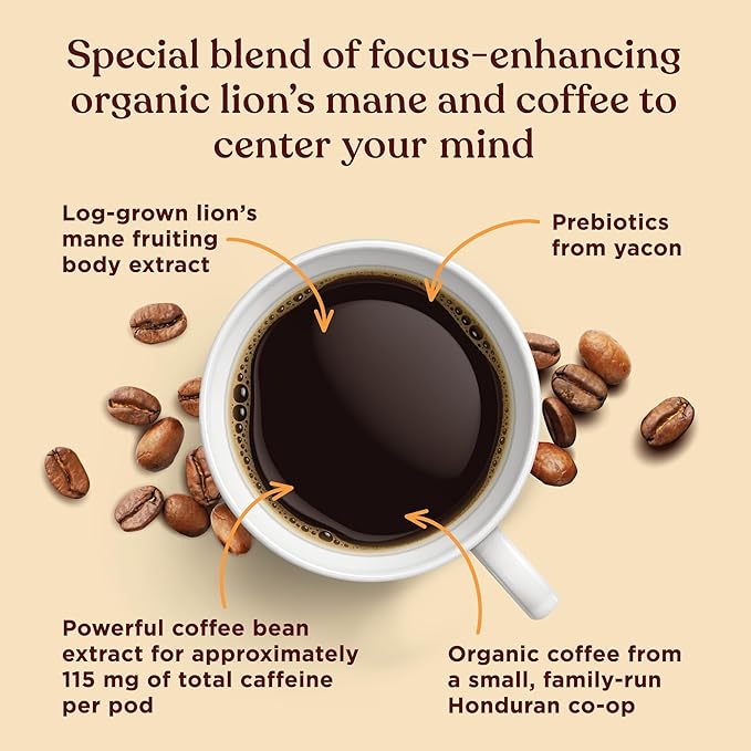Four Sigmatic High Caffeine Mushroom Coffee K-Cups | Organic Dark Roast Coffee with Lion’s Mane & Yacon | Focus & Immune Support | Vegan & Keto | Sustainable Pods | 10 Count