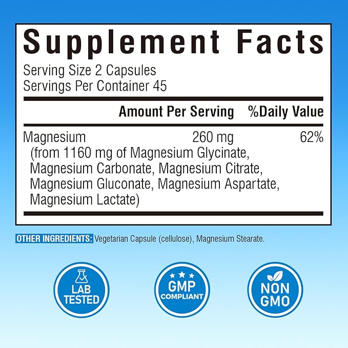 Magnesium Complex Supplement 1160mg for Sleep, Nerve & Muscle, 6 Forms of Max Absorption Magnesium Glycinate, Citrate, Aspartate, Gluconate, Carbonate & Lactate, (No Magnesium Oxide), 90 Vegan Caps