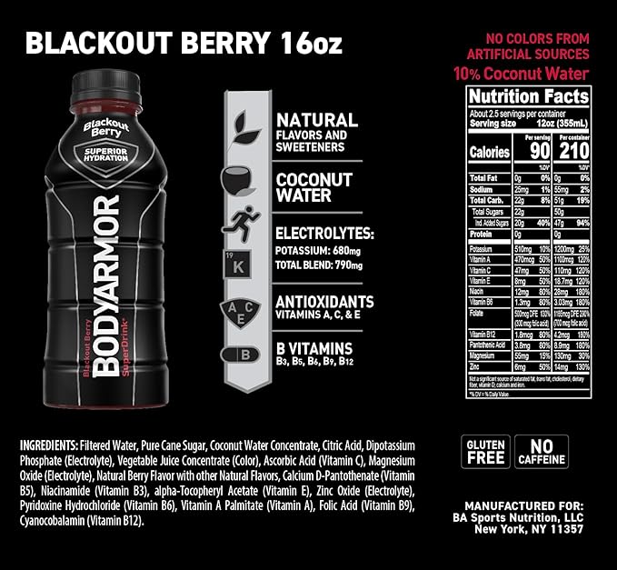 BODYARMOR Sports Drink Sports Beverage, Blackout Berry, Coconut Water Hydration, Natural Flavors With Vitamins, Potassium-Packed Electrolytes, Perfect For Athletes, 16 Fl Oz (Pack of 12)