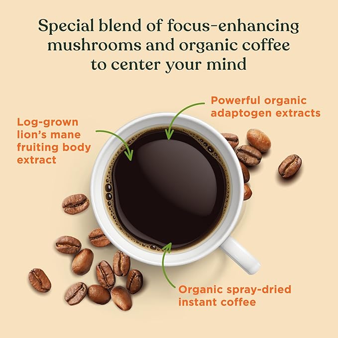 Four Sigmatic Focus Organic Mushroom Coffee | Instant Mushroom Coffee Mix with Lion's Mane, Chaga and Rhodiola for Better Focus and Immune Support | 10 Packets