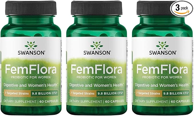 Swanson FemFlora - Feminine Probiotic Supplement - Probiotics for Women - Supporting Flora of The Mouth, GI Tract, and Vagina - 9 Billion CFU Per Capsule - (60 Capsules) (3 Pack)