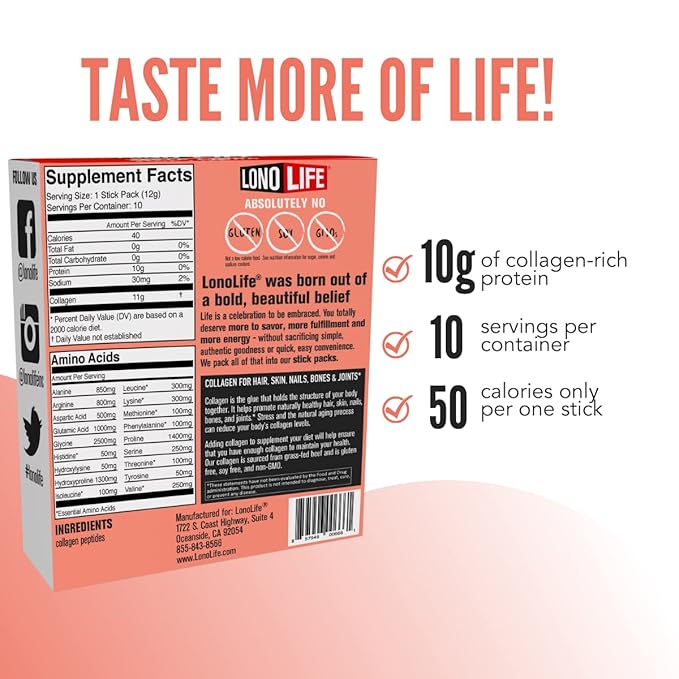LonoLife - Unflavored Collagen Peptides 10g Protein, 10 Servings, 10 Count