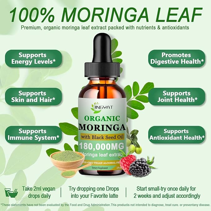 Organic Moringa Liquid Drops,Pure Moringa Oleifera Leaves Extract w/Black Seed Oil Supplement for Energy,Skin,Gut Health,Immune,Natural Antioxidant Superfood More Potency Than Moringa Powder(2 Fl Oz)