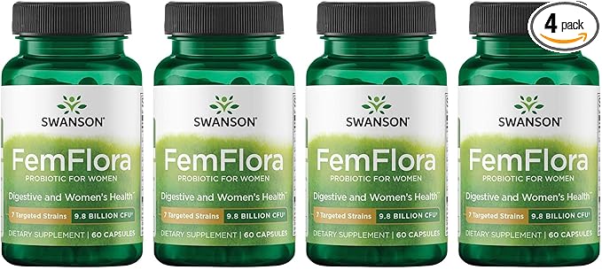 Swanson FemFlora - Feminine Probiotic Supplement - Probiotics for Women - Supporting Flora of The Mouth, GI Tract, and Vagina - 9 Billion CFU Per Capsule - (60 Capsules) (4 Pack)