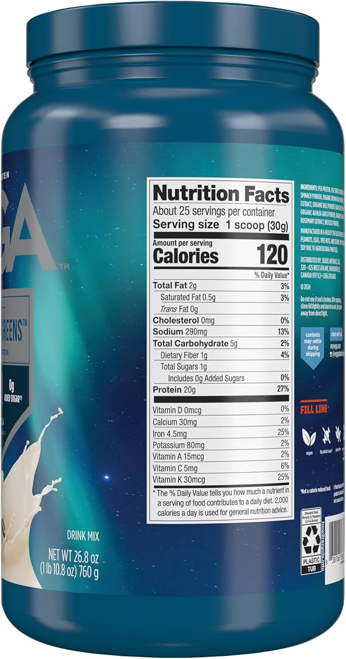 Vega Protein and Greens Protein Powder, Vanilla - 20g Plant Based Protein Plus Veggies, Vegan, Non GMO, Pea Protein for Women and Men, 1.7 lbs (Packaging May Vary)