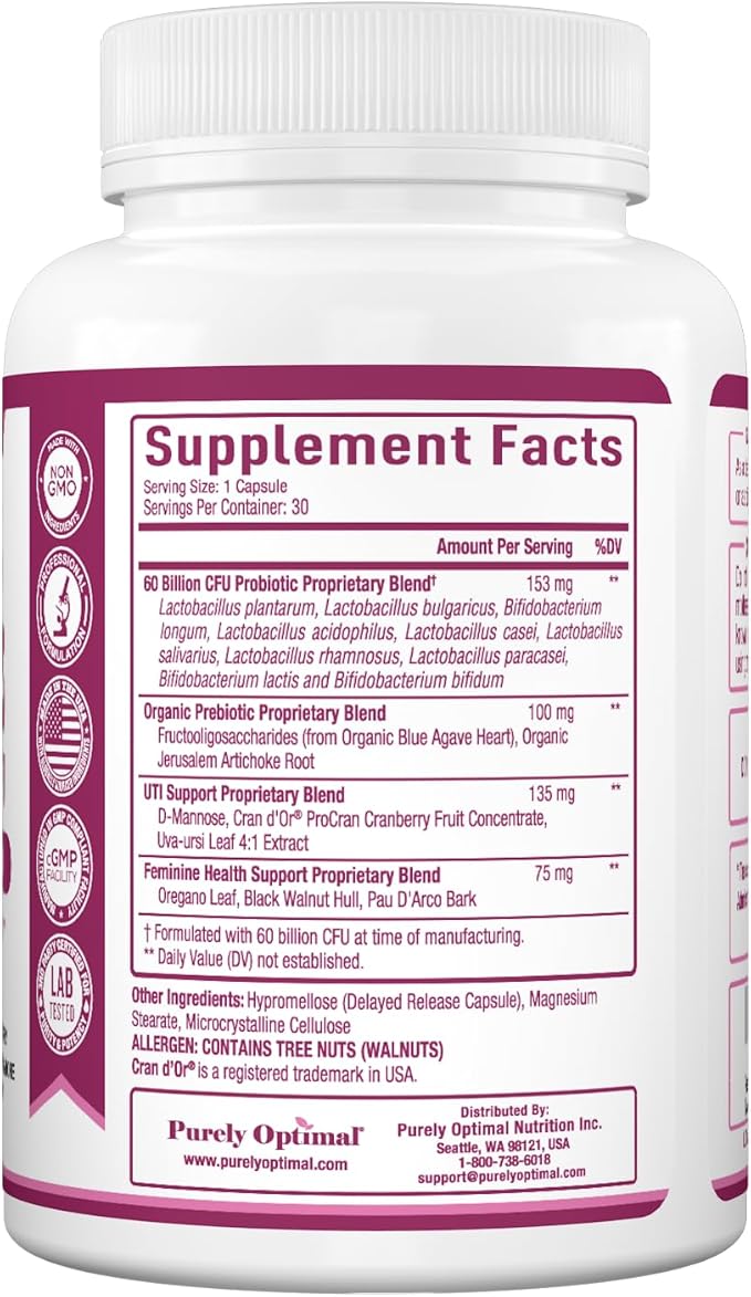 Purely Optimal Women's Probiotic Supplement - 60 Billion CFU with Prebiotics, 10 Strains Including Lactobacillus & Bifidobacterium, Digestive & Vaginal Health Support, UTI Defense - 30 Capsules