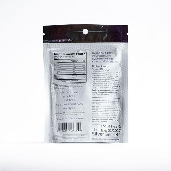 Silver Biotics Colloidal Silver Lozenges | 60 PPM Ag₄O₄ SilverSol | Immune Support + Throat Soothing Lozenges | Honey | 21 Count