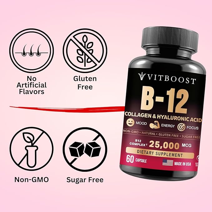 B12 with Hyaluronic Acid, Collagen and 25000 mcg B12 Methylcobalamin B1, B2, B2, B3, B3, B6, B6, B7 B7 Complex 60 Capsules