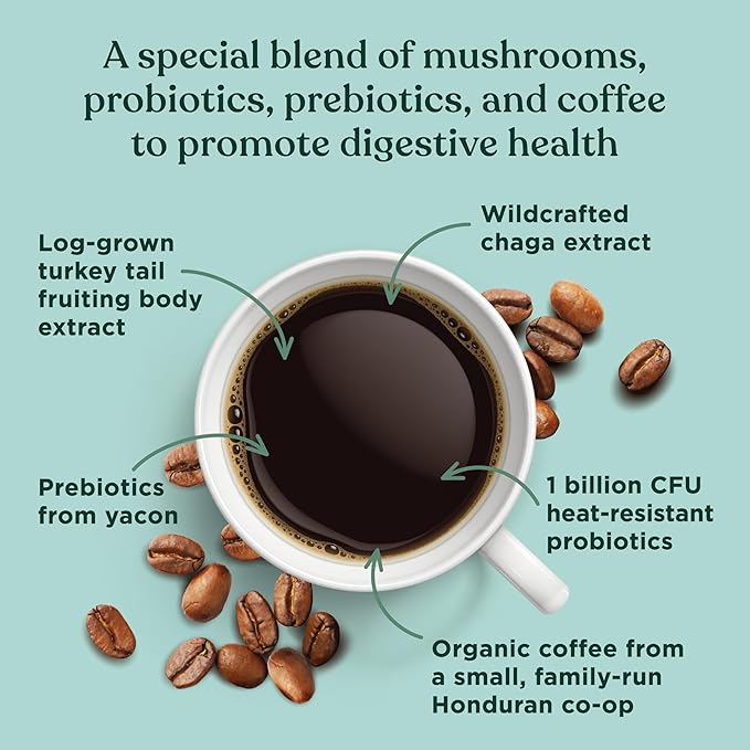 Four Sigmatic Happy Gut Organic Coffee Pods | Medium Roast Probiotic K Cups with Chaga and Turkey Tail | Immune Boosting, Probiotic Mushroom Coffee K Cups for Gut Health and Immune Support | 24 Count