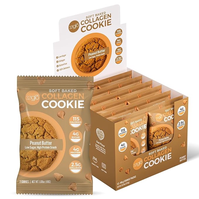 321glo Collagen Cookies | Soft Baked, High Protein Cookies | Low Carb, Low Sugar | Keto Snack for Women, Men, & Kids | 12 Pack (Peanut Butter)