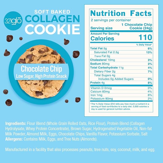 321glo Collagen Cookies | Soft Baked, High Protein Cookies | Low Carb, Low Sugar | Keto Snack for Women, Men, & Kids | 12 Pack (Chocolate Chip)