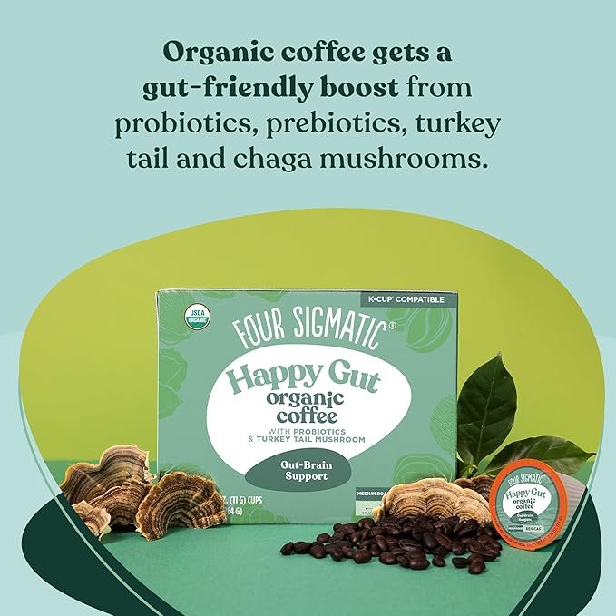 Four Sigmatic Happy Gut Organic Coffee Pods | Medium Roast Probiotic K Cups with Chaga and Turkey Tail | Immune Boosting, Probiotic Mushroom Coffee K Cups for Gut Health and Immune Support | 24 Count